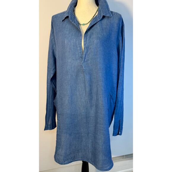 CP Shades Linen Teton Tunic Blue Pocket Smock Shirt Mini Dress Lagen Look Size L - Picture 1 of 10